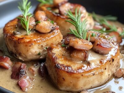 Recette Gourmet Exquise : Côtelettes de Porc Juteuses au Bacon et Champignons dans une Sauce Crémeuse au Vin Blanc