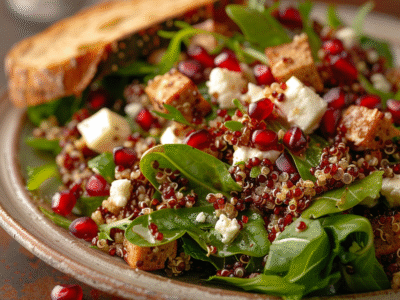 Salade composée quinoa-feta-grenade : Recette facile et savoureuse