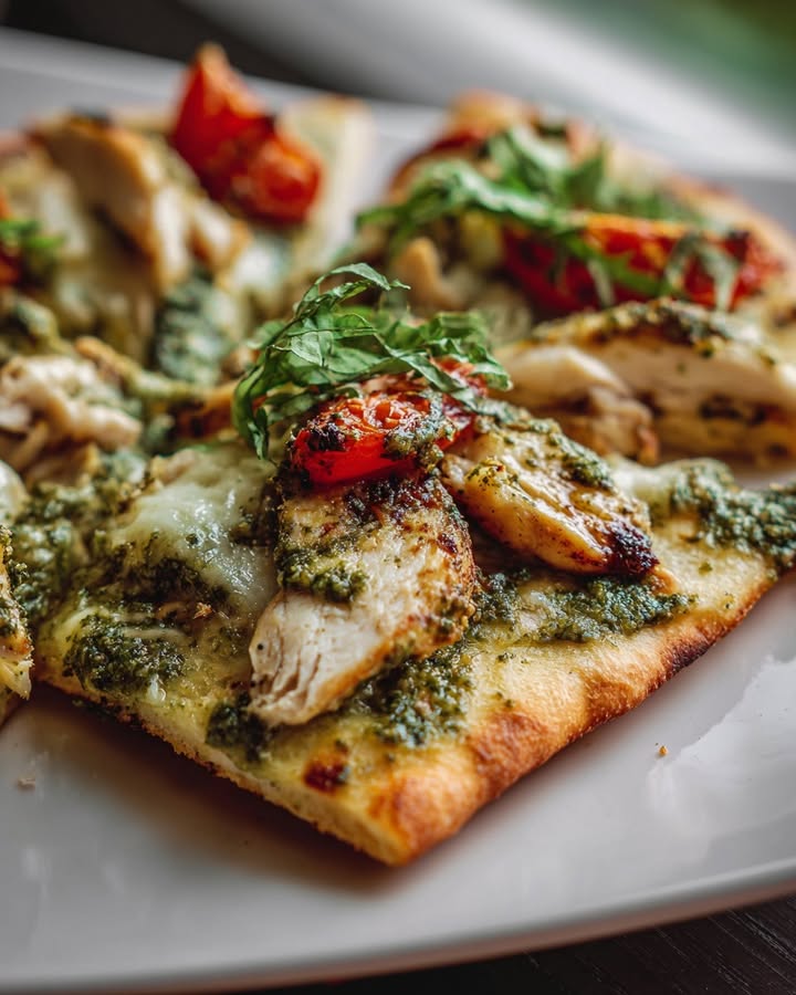 Flatbread Poulet Pesto : Recette Rapide et Savoureuse 2 "Flatbread Poulet Pesto"