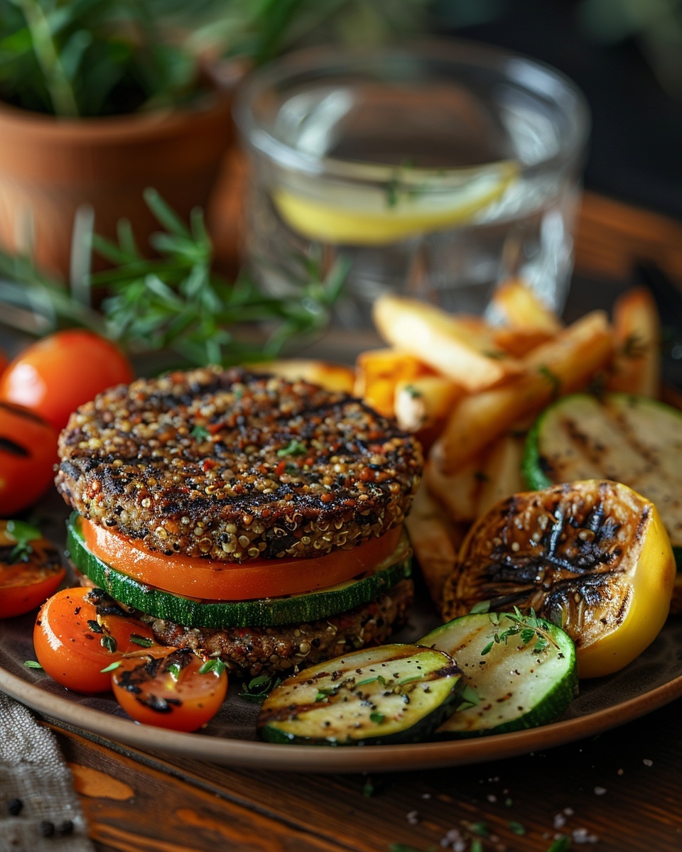 Burger veggie quinoa et légumes grillés