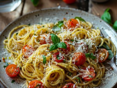 Recette Délicieuse de Pâtes au Pesto et Tomates Cerises
