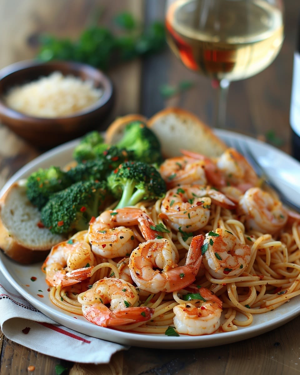 Pâtes aux crevettes et ail