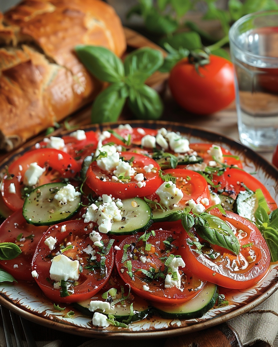 Recette de Salade Fraîche Tomate Concombre Feta : Une Délicieuse Entrée Estivale 1 Salade fraîche tomate concombre feta