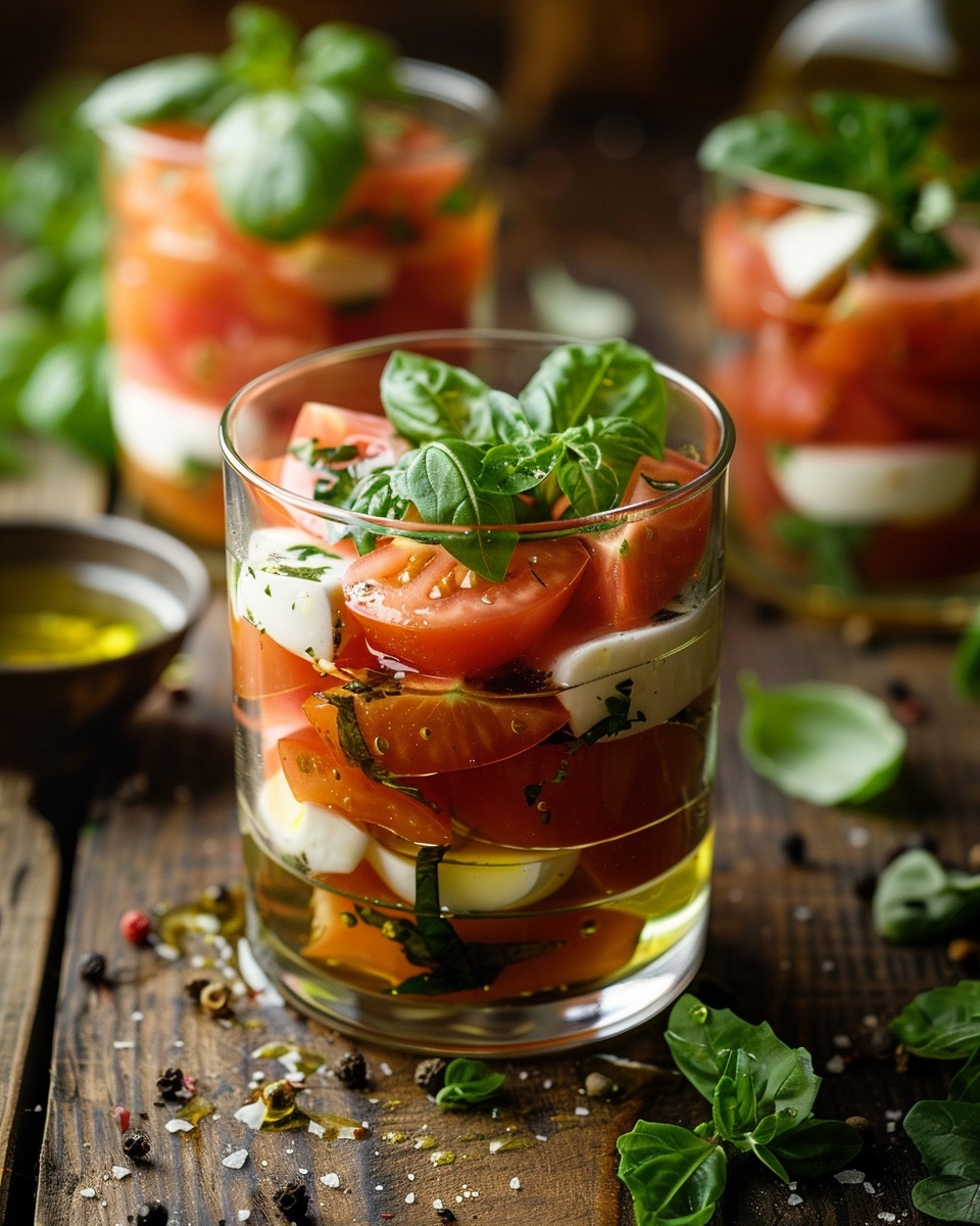 Recette de Verrine Tomate-Mozzarella Basilic : Une Salade Fraîche et Délicieuse 1 Verrine tomate‑mozzarella basilic