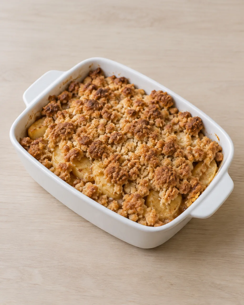 Crumble aux pommes 2 Crumble aux pommes doré dans un plat à gratin, avec des morceaux de pommes fondants sous une pâte sablée croustillante.