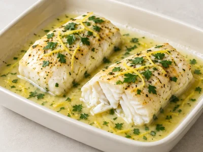 Flétan rôti au four, sauce citronnée