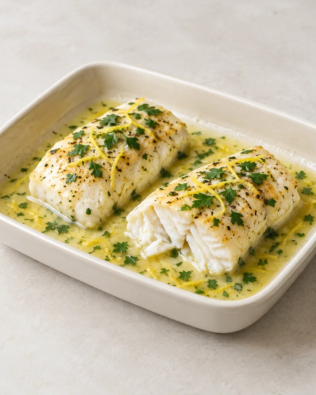 Flétan rôti au four, sauce citronnée 2 Pavés de flétan rôtis nappés de sauce citronnée au persil dans un plat clair.
