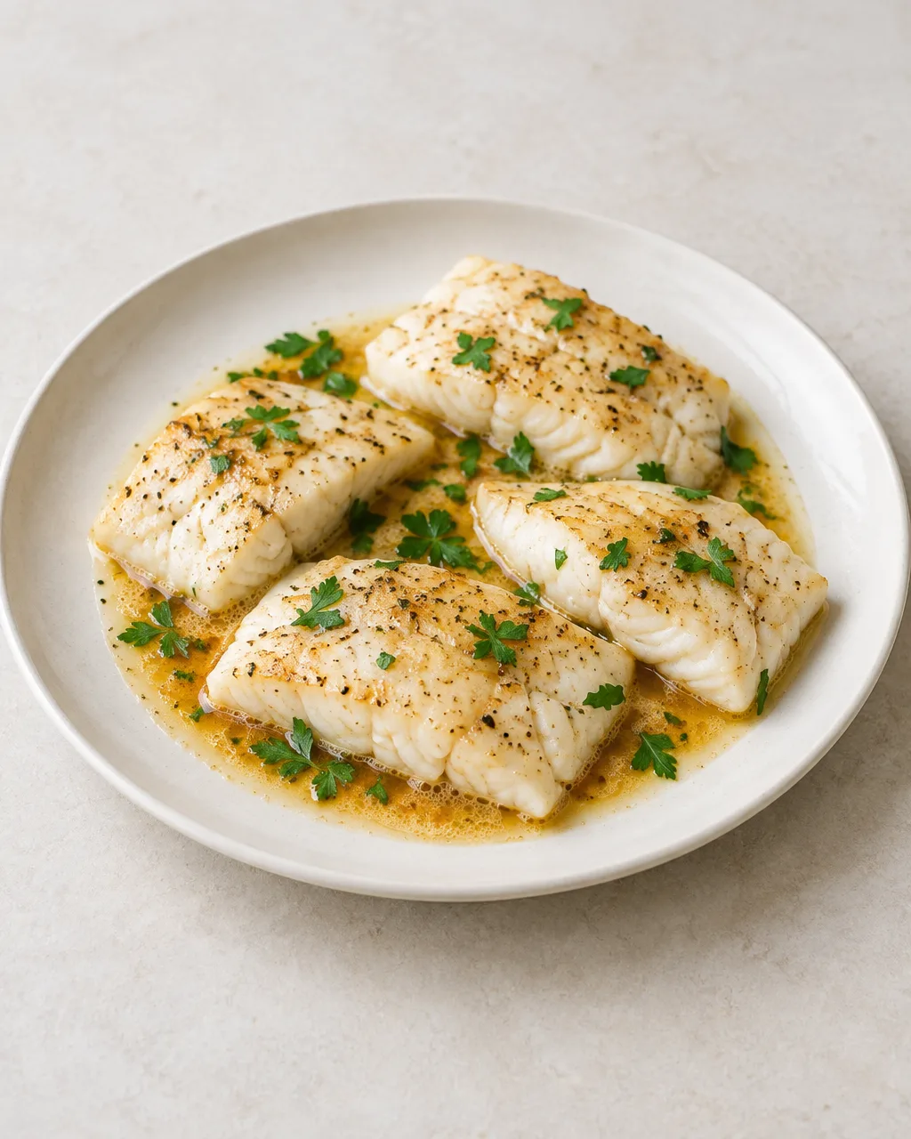Merlu au beurre noisette 2 Quatre filets de merlu nacrés nappés de beurre noisette ambré et parsemés de persil dans une assiette claire.