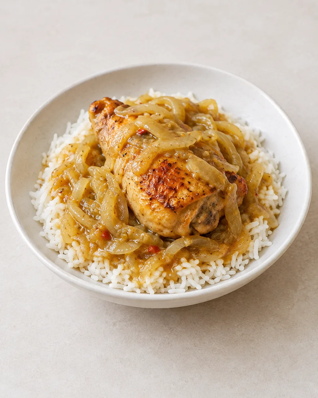 Poulet yassa sénégalais 2 Poulet yassa servi sur du riz blanc, avec morceaux de poulet dorés et oignons fondants dans une sauce citronnée.