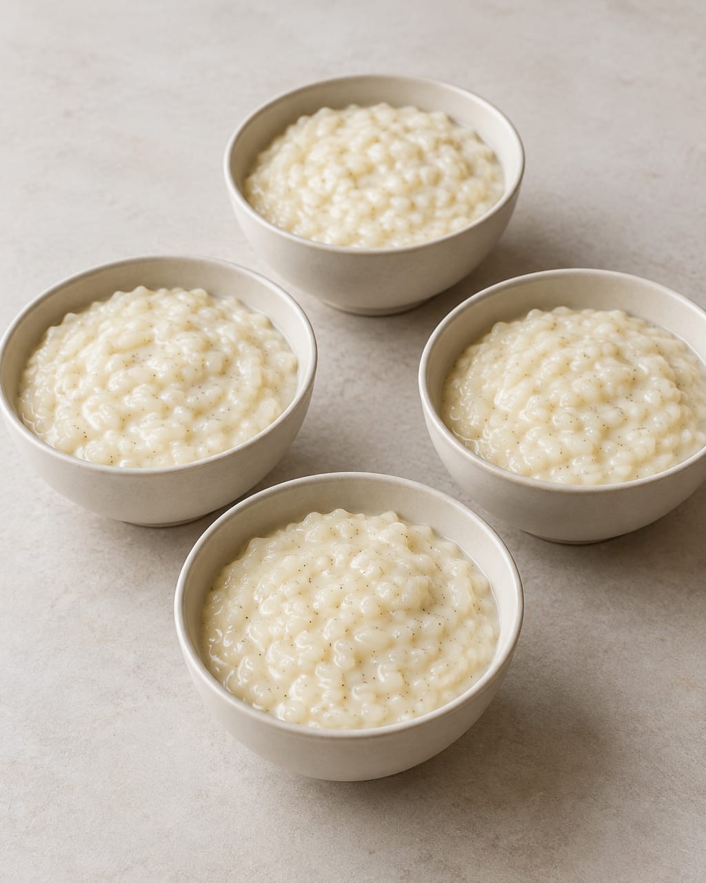 Riz au lait crémeux à la vanille 2 Riz au lait crémeux à la vanille servi dans un bol, avec des grains de riz tendres visibles.