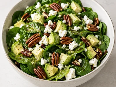 Salade d’épinards, avocat, feta et noix de pécan