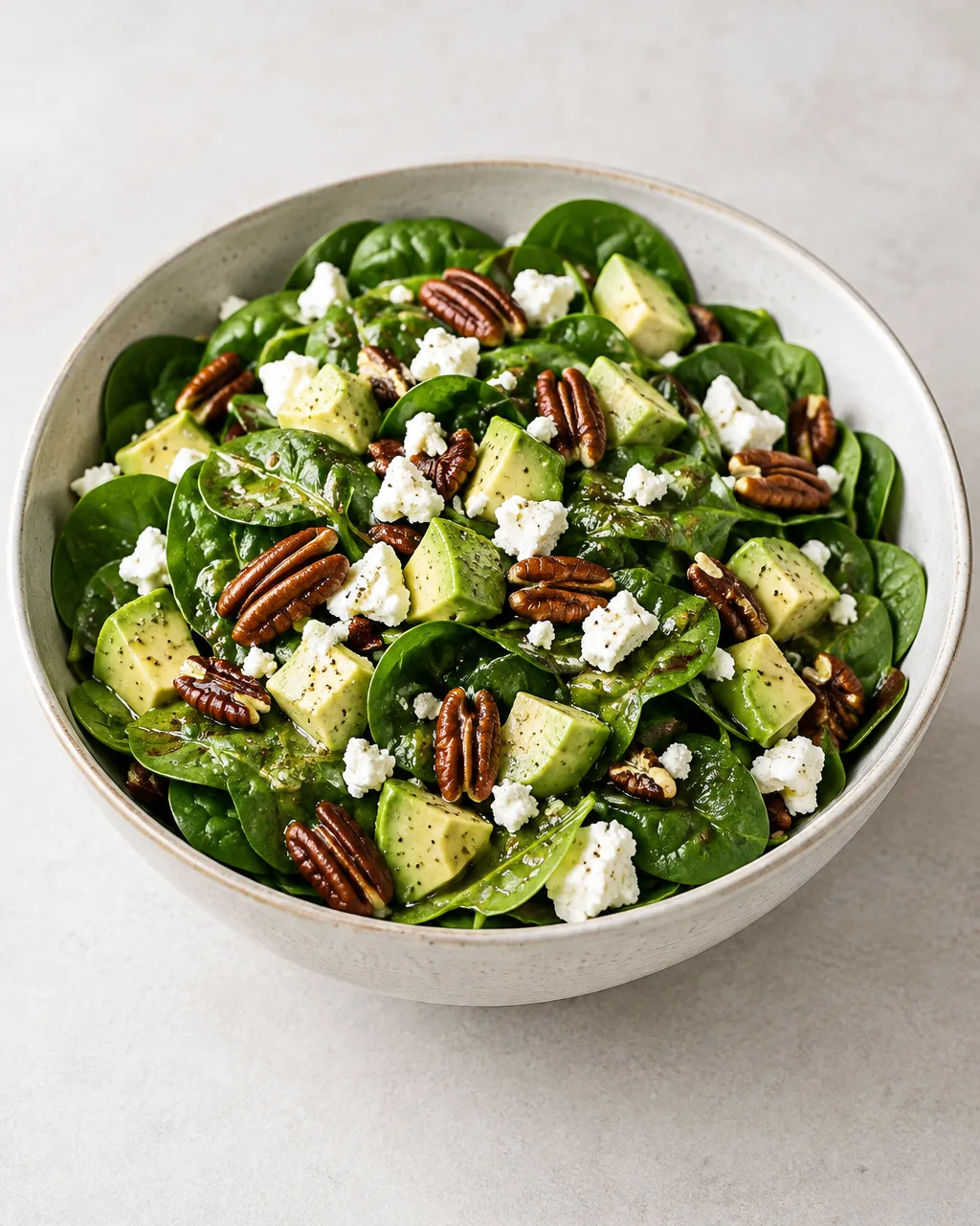 Salade d’épinards, avocat, feta et noix de pécan 2 Salade d’épinards frais garnie d’avocat, de feta émiettée et de noix de pécan dans un grand saladier.