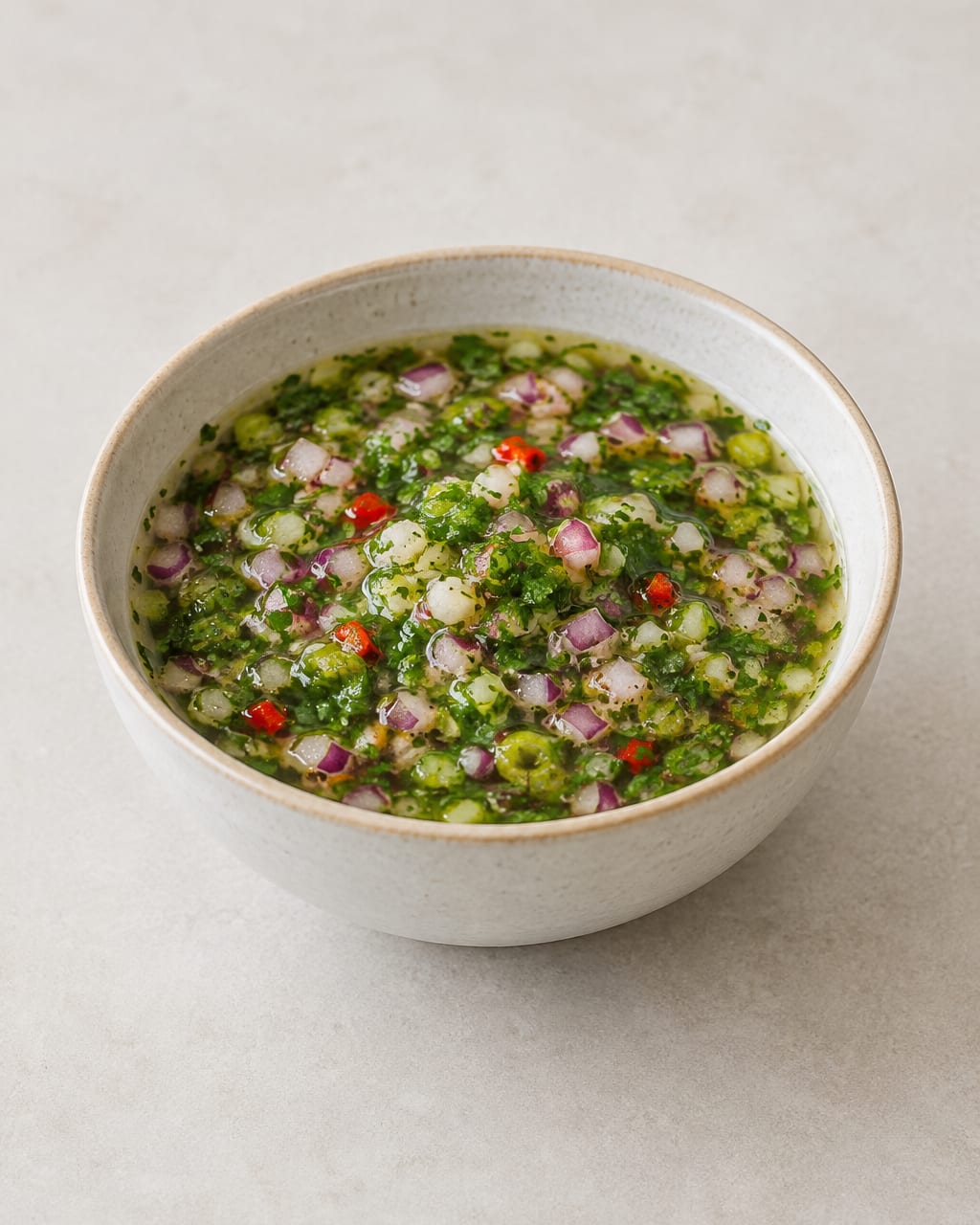 Sauce chien antillaise 2 Bol de sauce chien fluide avec oignon rouge, cive, persil et piment finement hachés.