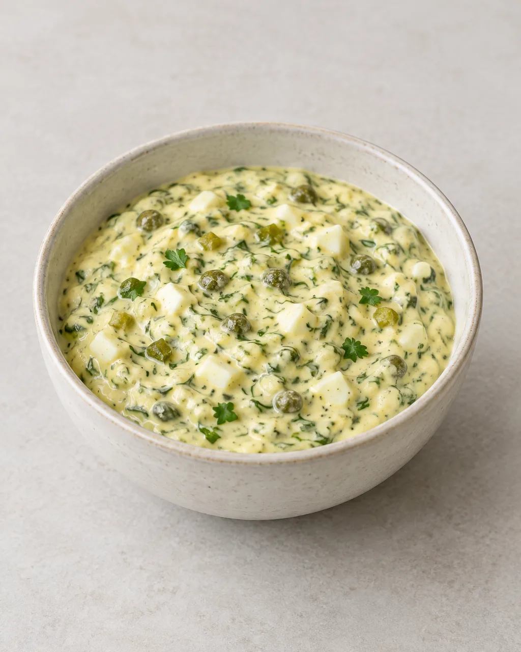 Sauce gribiche traditionnelle 2 Sauce gribiche crémeuse et texturée dans un bol, parsemée de morceaux de cornichons, câpres, œuf dur et herbes fraîches.