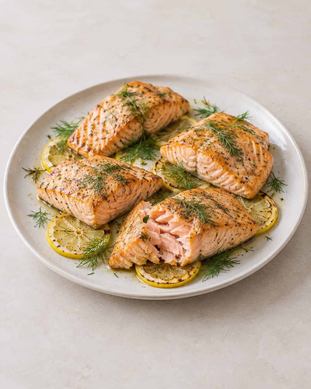 Saumon au four, citron et aneth 2 Pavés de saumon au four dorés, garnis de rondelles de citron et d’aneth sur des assiettes.