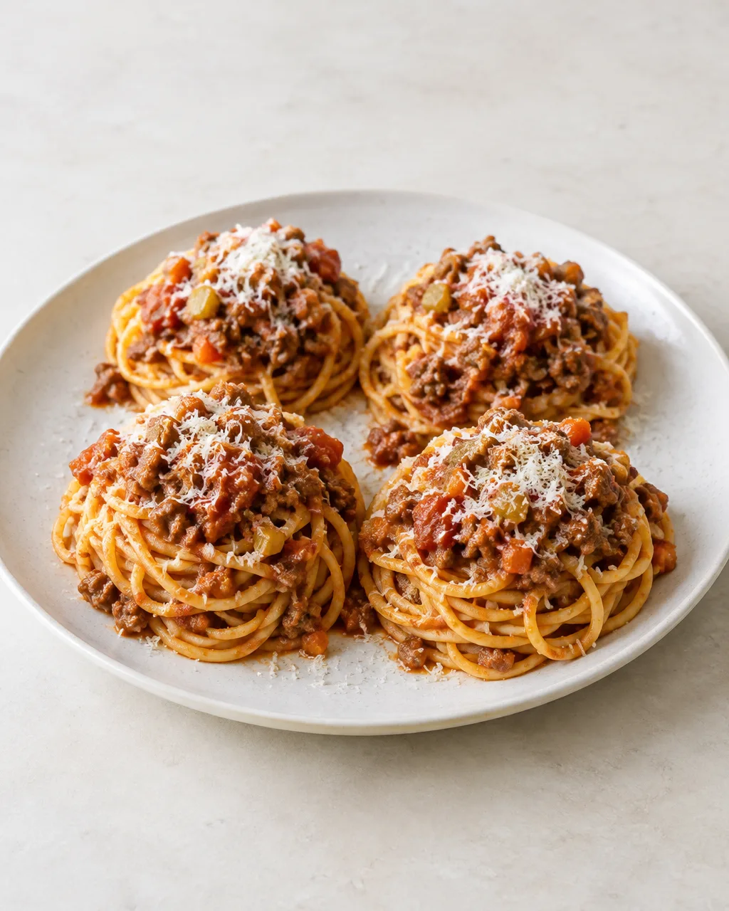 Spaghetti bolognaise maison 2 Assiette de spaghetti enrobés de sauce bolognaise épaisse au bœuf haché, légumes et parmesan râpé.